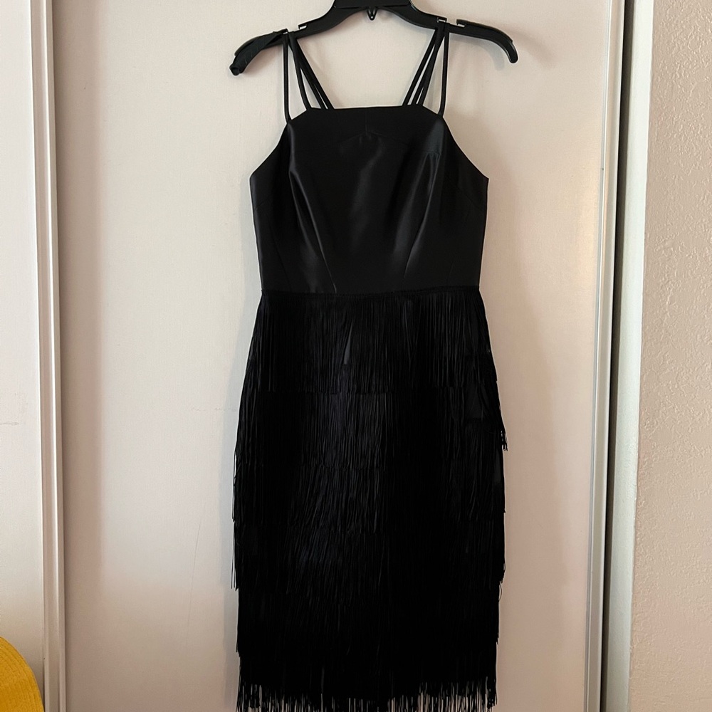 Shoshanna Black Double-Strap Fringe Mini Dress